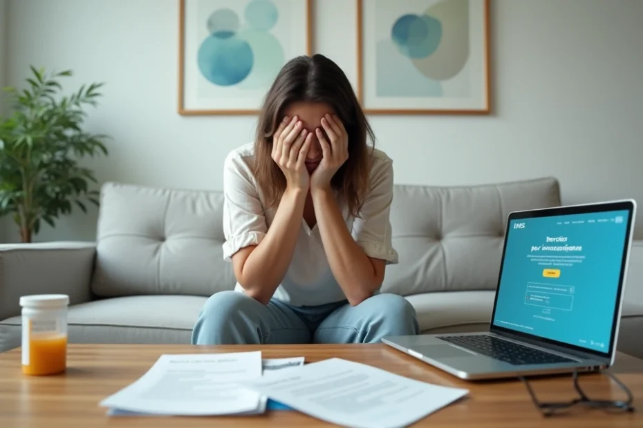 Mulher sente crise de pânico em sala clara ao lado de notebook aberto no site Meu INSS