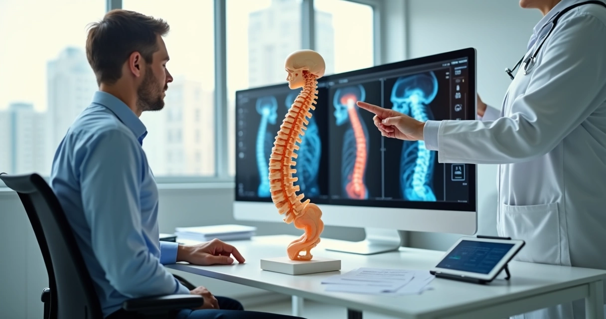 Trabalhador observa modelo de coluna vertebral com disco desgastado em consulta médica