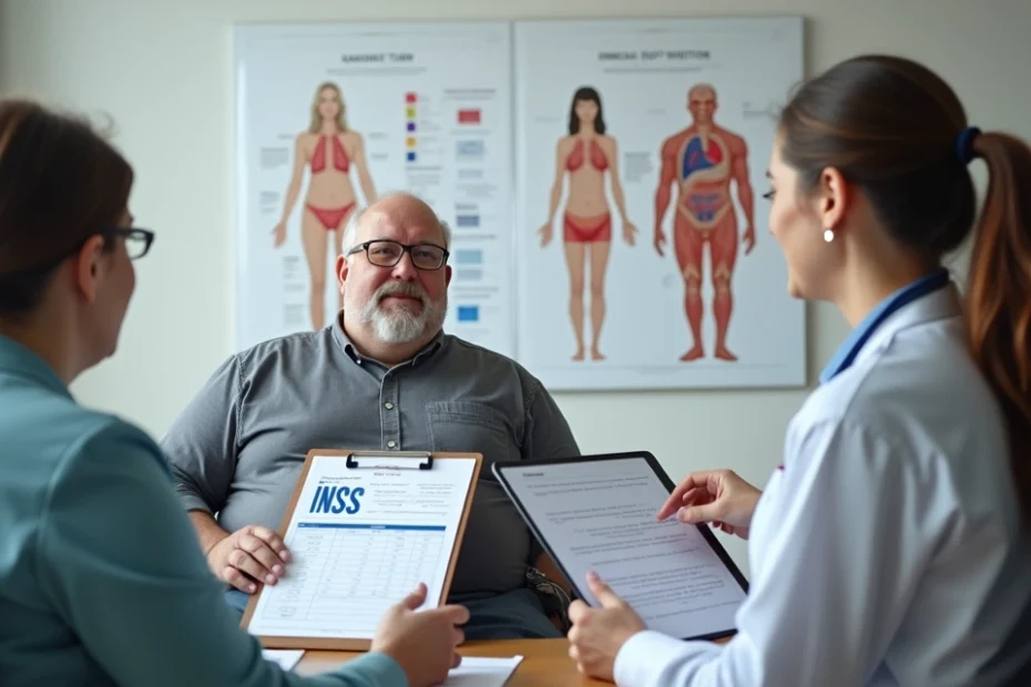 Pessoa com obesidade em consulta detalhando benefícios do INSS e aposentadoria