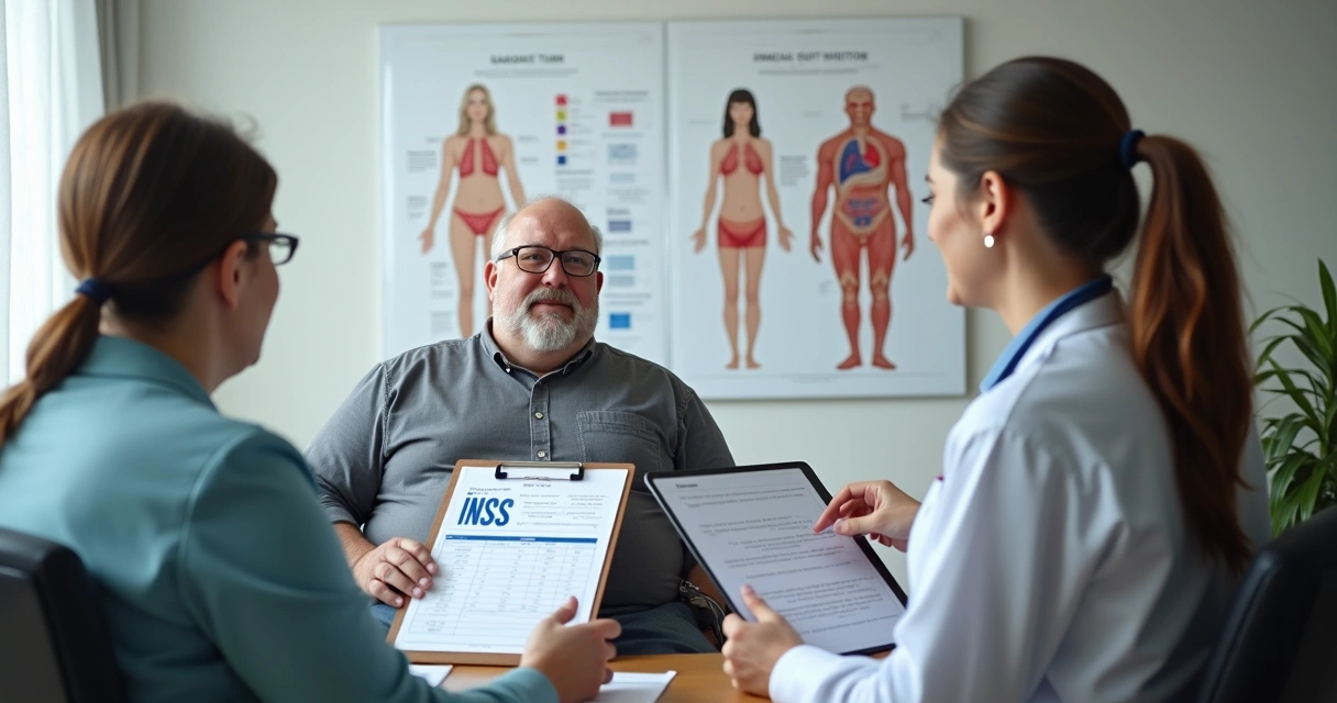 Pessoa com obesidade em consulta detalhando benefícios do INSS e aposentadoria