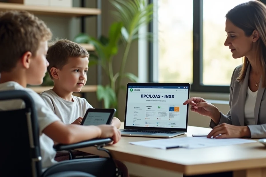 Criança com paralisia cerebral em cadeira de rodas ao lado de cuidador em atendimento do INSS