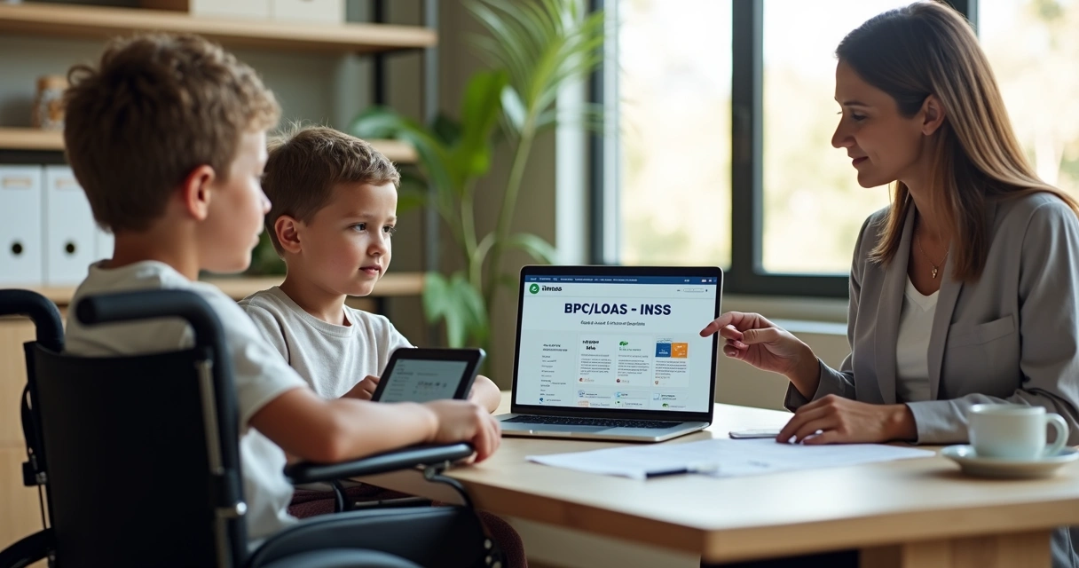 Criança com paralisia cerebral em cadeira de rodas ao lado de cuidador em atendimento do INSS