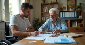 Filho adulto em cadeira de rodas ao lado de parente revisando documentos de pensão por morte