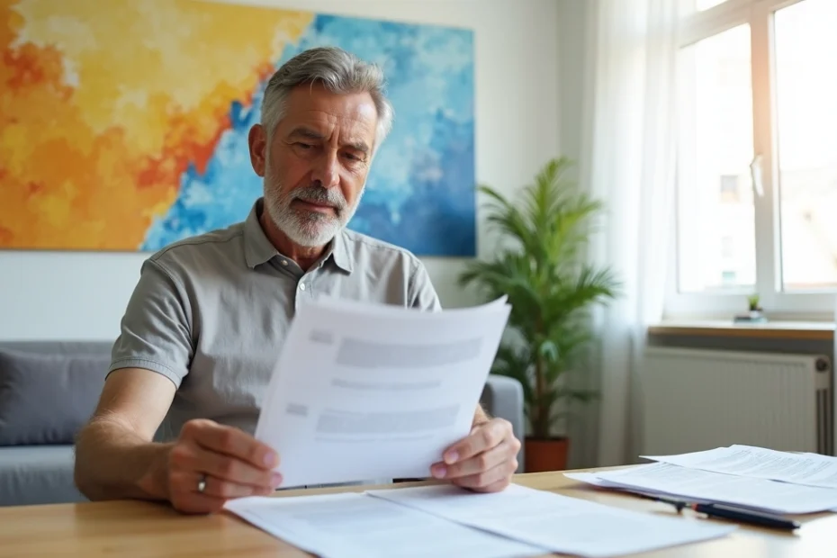 Homem analisa formulários do INSS ao lado de desenho ilustrando bipolaridade