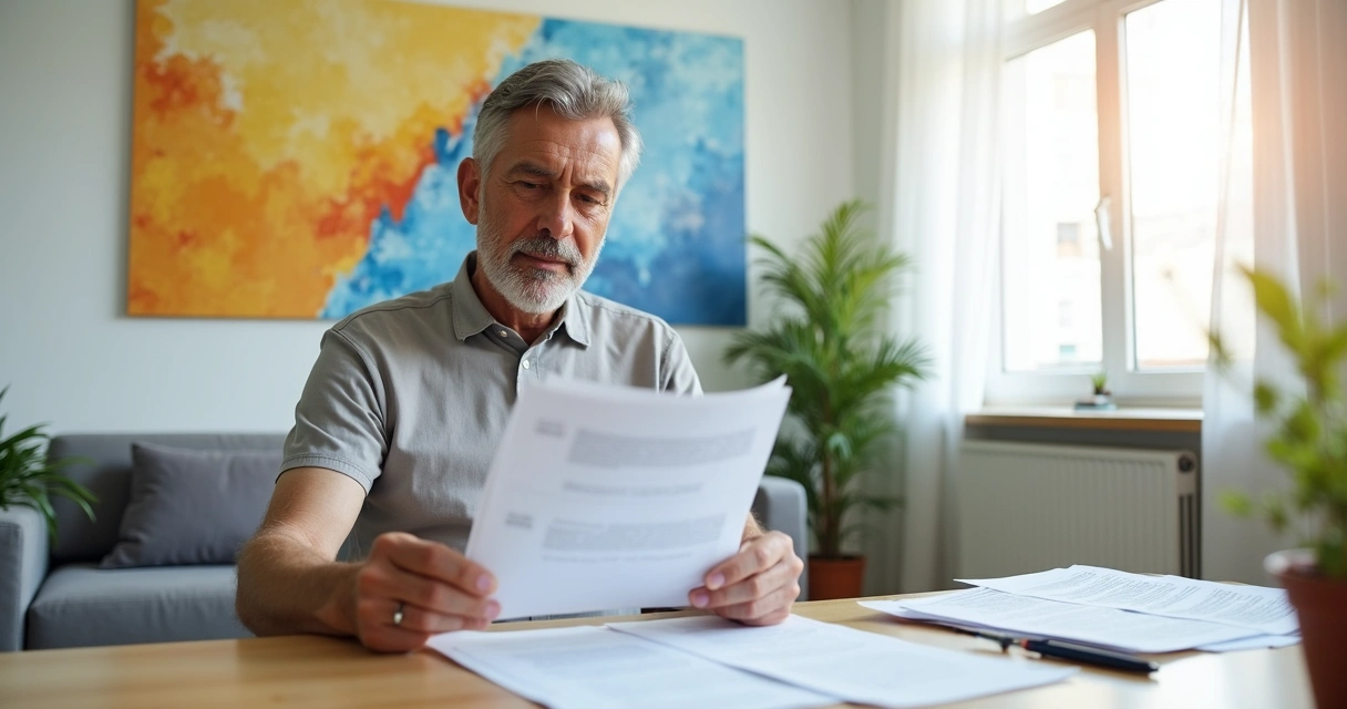Homem analisa formulários do INSS ao lado de desenho ilustrando bipolaridade