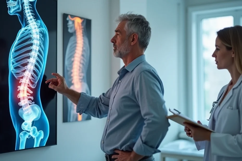 Homem com dor ciática aponta coluna em exame de ressonância magnética