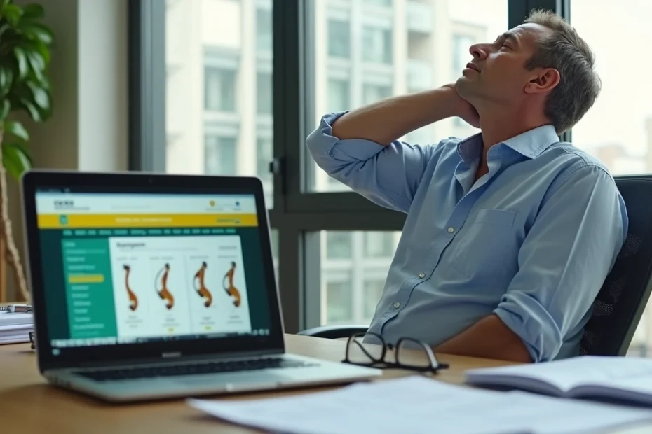 Homem segura o pescoço com dor intensa em mesa de trabalho com documentos do INSS