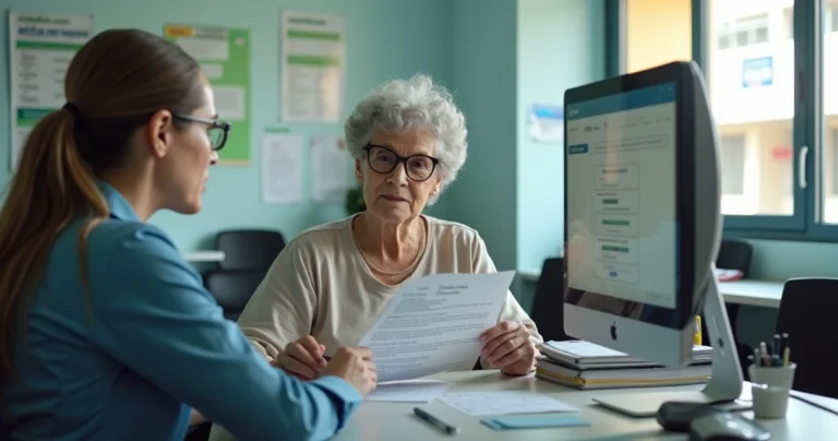 Idosa consulta carta de suspensão do BPC-LOAS em polo do INSS