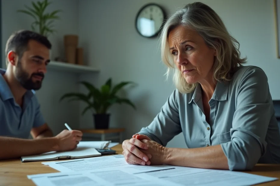 Mulher com expressão aflita observa documentos do INSS em mesa de atendimento psicológico
