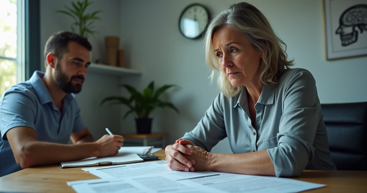 Mulher com expressão aflita observa documentos do INSS em mesa de atendimento psicológico