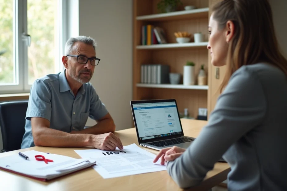 Pessoa com HIV conversa com advogada sobre benefícios do INSS em ambiente acolhedor