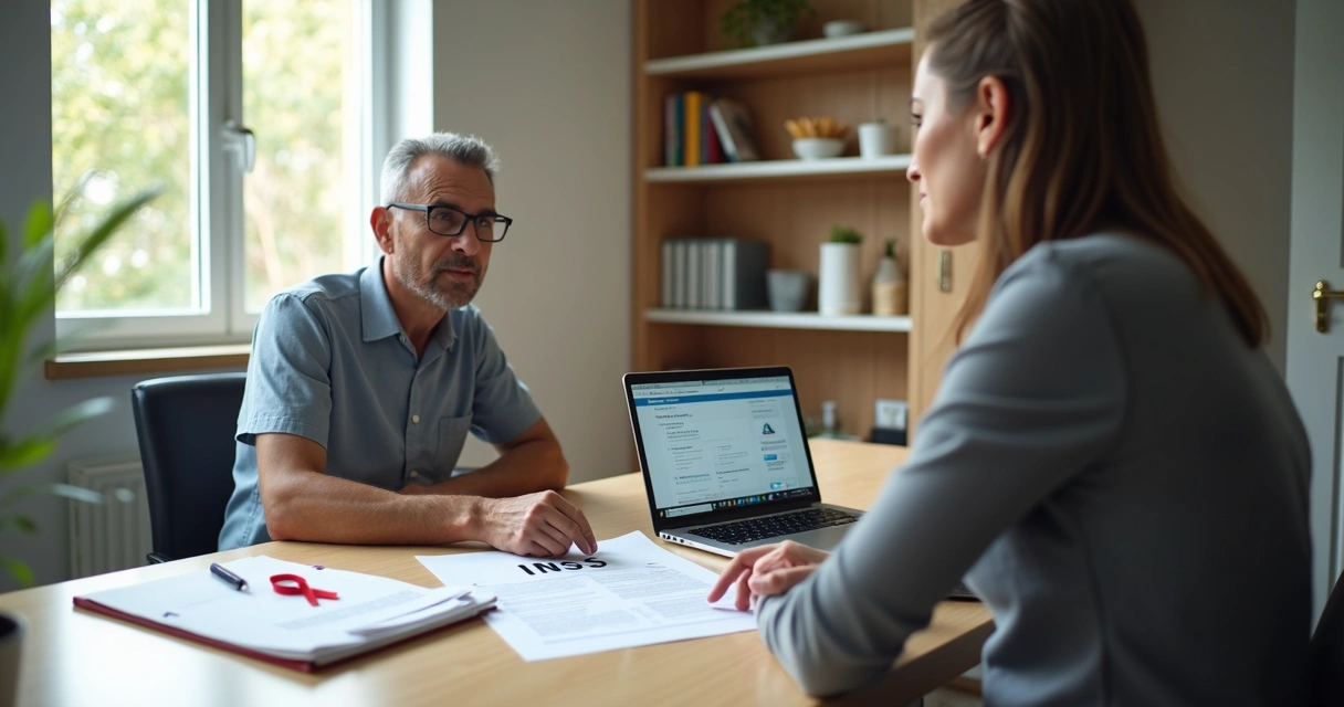 Pessoa com HIV conversa com advogada sobre benefícios do INSS em ambiente acolhedor