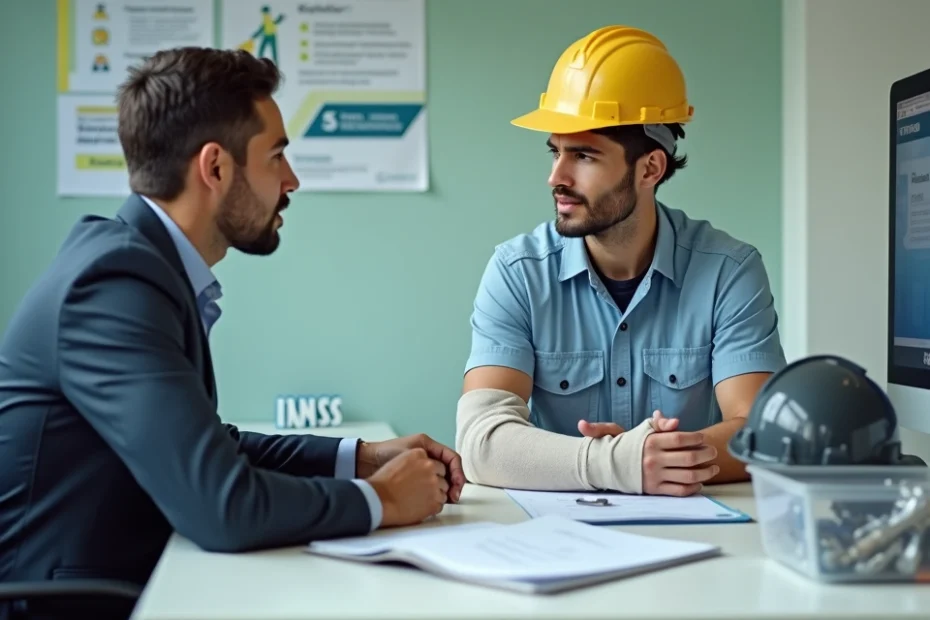 Trabalhador de fábrica com tala no punho conversa com profissional do INSS
