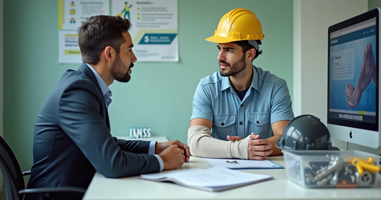 Trabalhador de fábrica com tala no punho conversa com profissional do INSS