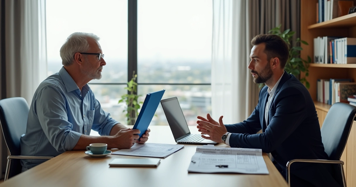 Homem em consulta com advogado avaliando direitos previdenciários por câncer de próstata