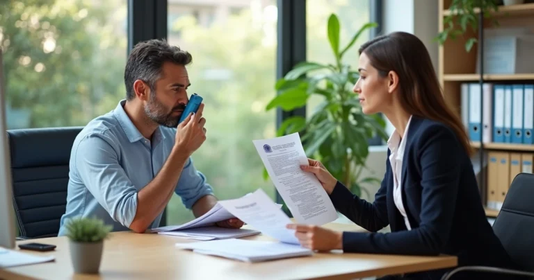Homem usando inalador enquanto conversa com advogada em sala de atendimento social