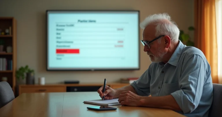 Aposentado analisa extrato de benefício do INSS em tela grande com destaque para desconto indevido