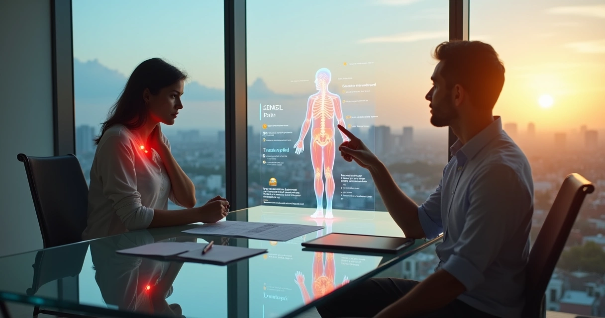 Mulher com fibromialgia mostrando pontos de dor em holograma durante consulta sobre INSS