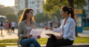 Mulher jovem com esquizofrenia paranoide sendo acompanhada por assistente social em ambiente urbano