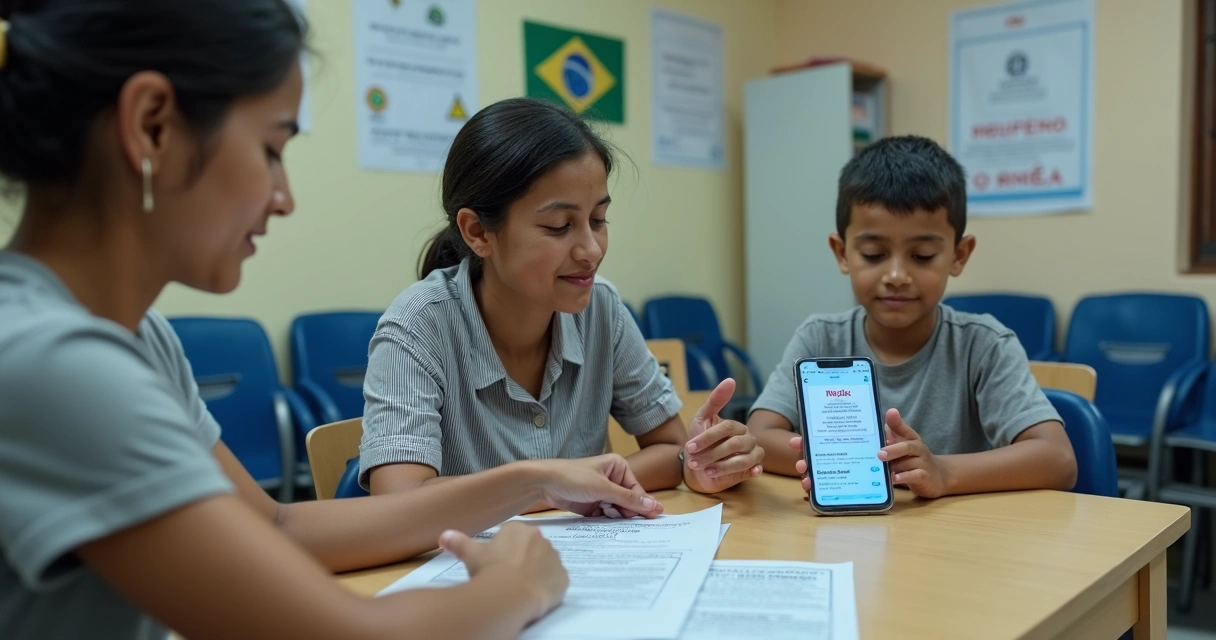 Família brasileira em agência do CRAS consultando benefício do INSS em smartphone