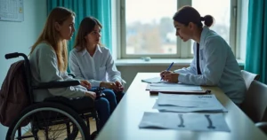 Família com criança em cadeira de rodas mostrando exames ao advogado