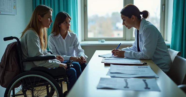 Família com criança em cadeira de rodas mostrando exames ao advogado