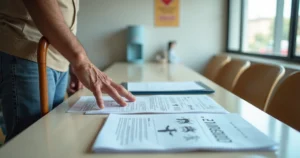 Idoso com artrose usando bengala analisa documentos do BPC LOAS na mesa