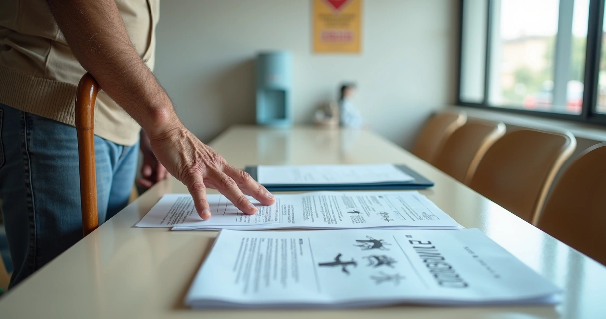 Idoso com artrose usando bengala analisa documentos do BPC LOAS na mesa