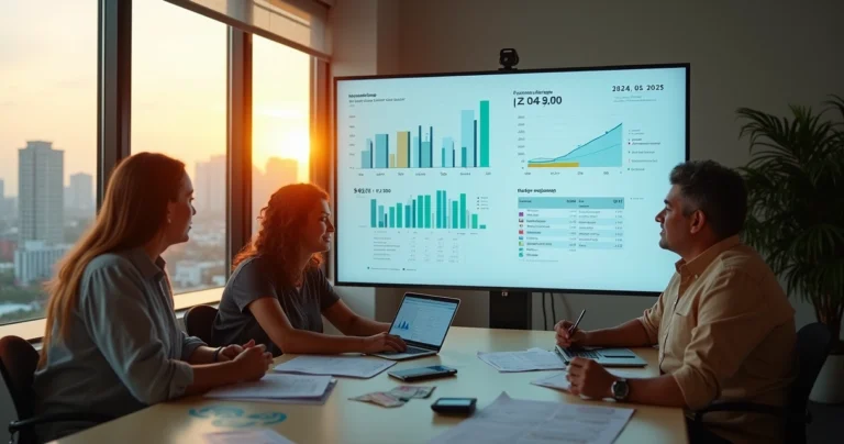 Grupo diversificado de brasileiros analisando planejamento de aposentadoria em grande painel