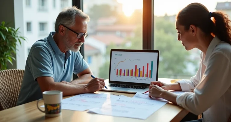 Casal brasileiro de meia idade planejando aposentadoria com gráfico e calendário
