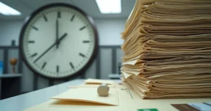 Relógio de parede ao lado de pilha de processos atrasados do INSS