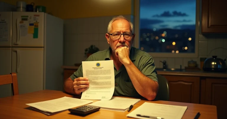 Segurado apreensivo lendo carta de aposentadoria negada em ambiente doméstico