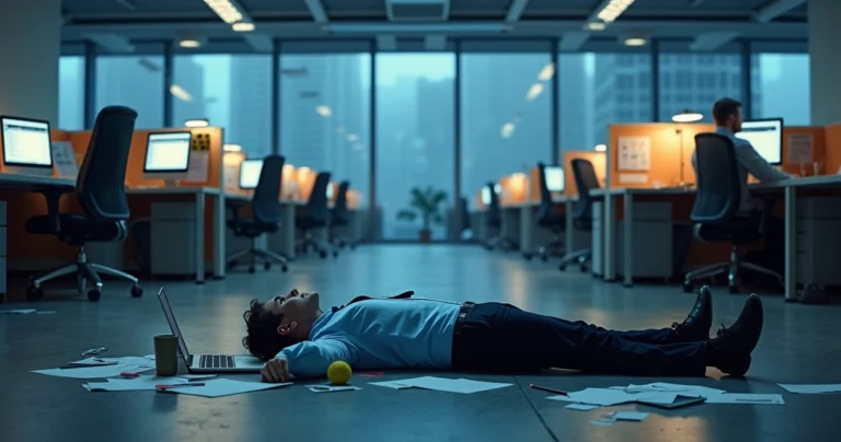 Trabalhador em burnout deitado no chão do escritório cercado por papeis e notebook