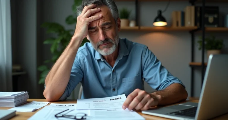 Trabalhador com enxaqueca sentado à mesa segurando a cabeça ao lado de documentos do INSS