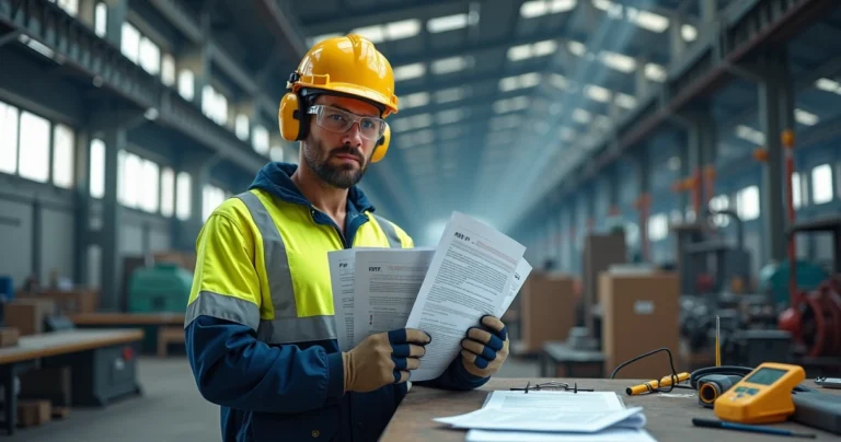 Trabalhador de indústria com equipamentos de proteção segurando laudos técnicos na fábrica