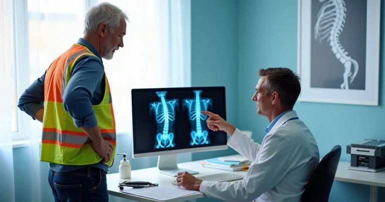 Trabalhador com dor lombar recebendo orientações de médico em consultório