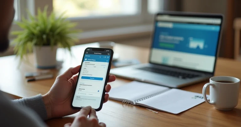 Segurado atualizando dados bancários do benefício do INSS no celular em casa