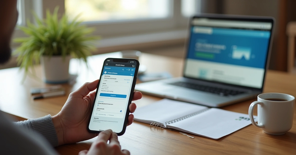 Segurado atualizando dados bancários do benefício do INSS no celular em casa