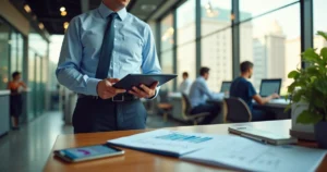 Bancário em agência moderna analisando planejamento de aposentadoria
