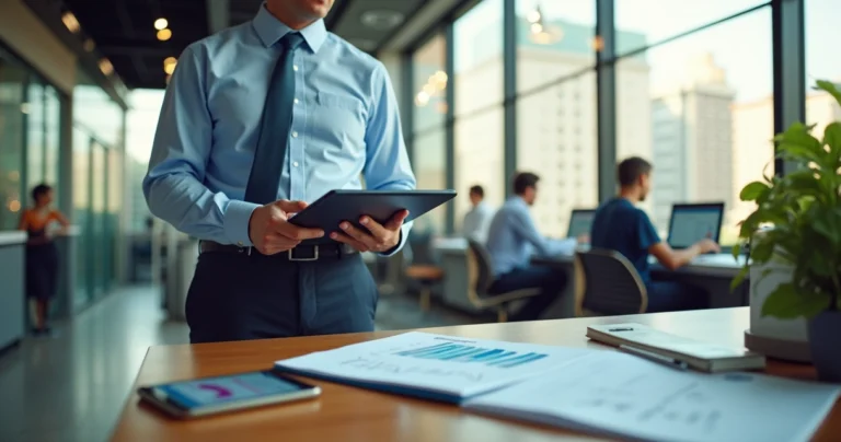 Bancário em agência moderna analisando planejamento de aposentadoria
