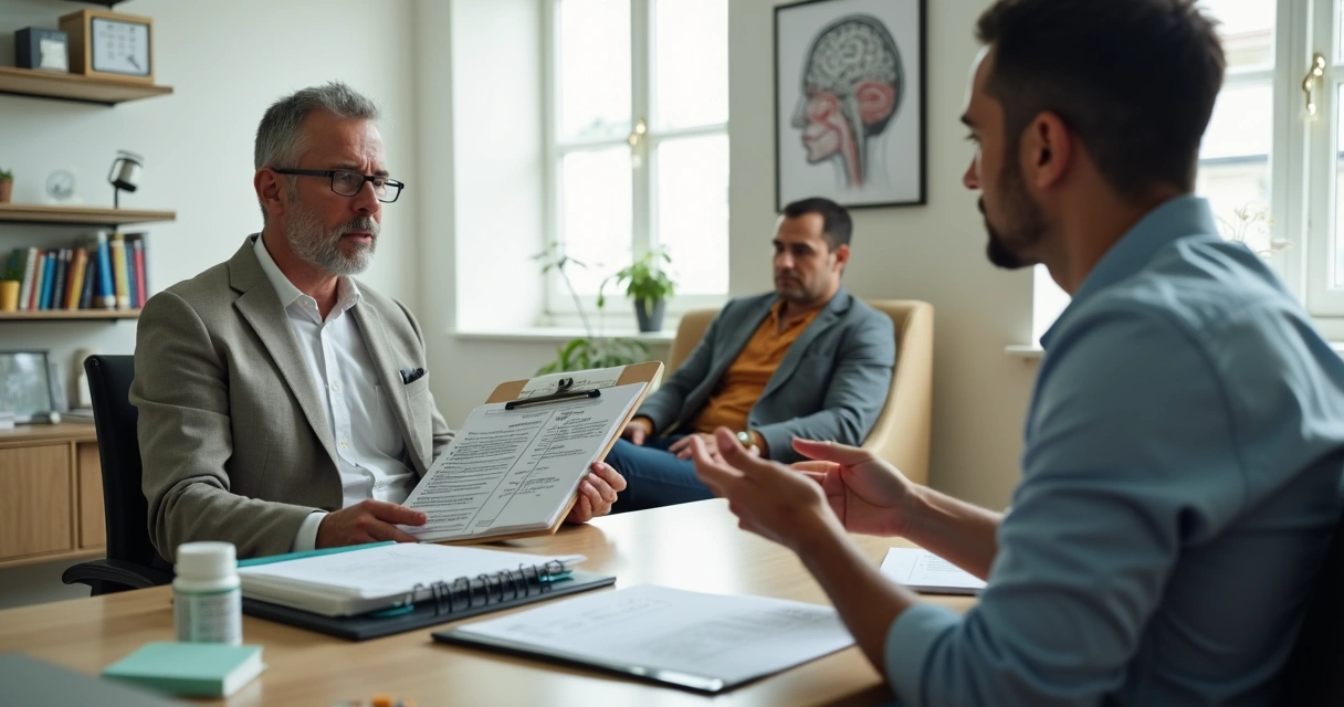 Psiquiatra e paciente conversando sobre transtorno bipolar e benefícios do INSS em consultório tranquilo