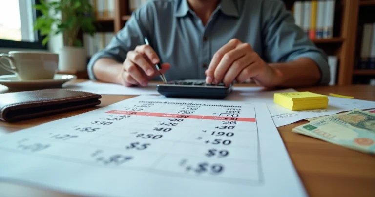 Trabalhador brasileiro calculando contribuições do INSS com apoio de calculadora e documentos