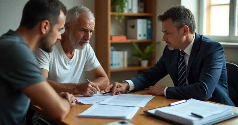 Homem em recuperação da dependência química recebendo orientação jurídica sobre benefícios sociais