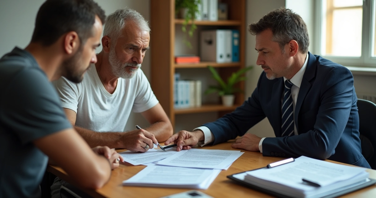 Homem em recuperação da dependência química recebendo orientação jurídica sobre benefícios sociais