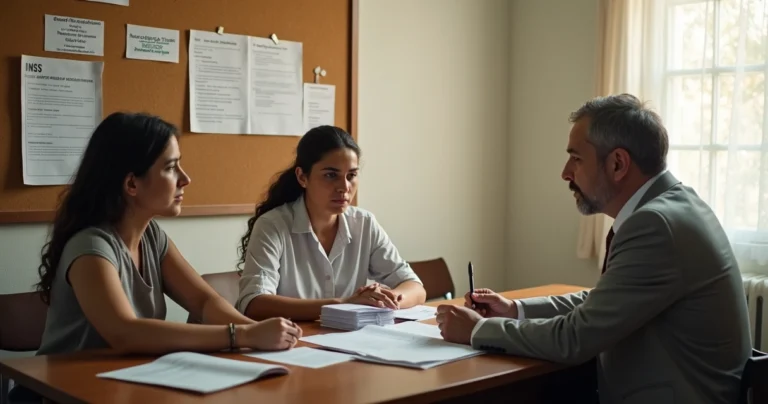 Família brasileira consultando advogado sobre auxílio-reclusão em escritório simples