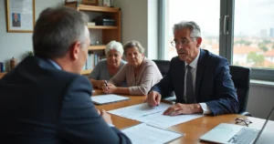 Advogado orientando família sobre revisão de pensão em mesa com documentos do INSS