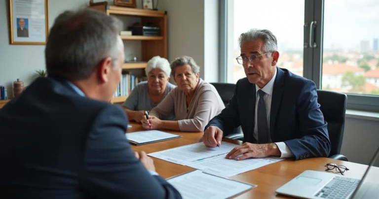 Advogado orientando família sobre revisão de pensão em mesa com documentos do INSS