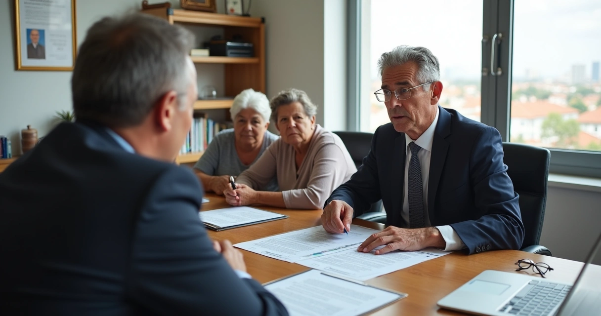 Advogado orientando família sobre revisão de pensão em mesa com documentos do INSS