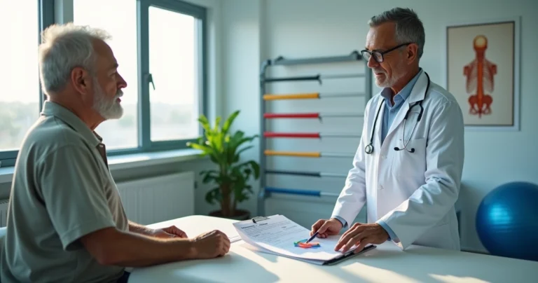 Trabalhador com braço imobilizado recebendo orientação de fisioterapeuta em clínica de reabilitação