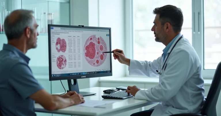 Oncologista explica exames de sangue a paciente com possivel neoplasia hematologica